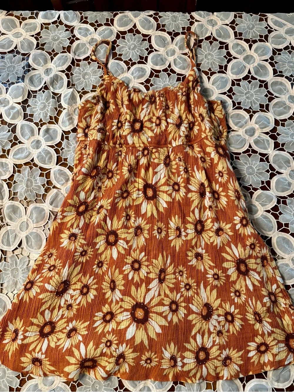 BeCool Sunflower Mini Dress Women L Western Boho Indie Rust Floral Sundress B2 - Picture 6 of 12
